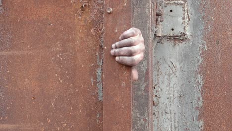 la mano sucia abre lentamente la puerta de metal oxidada
