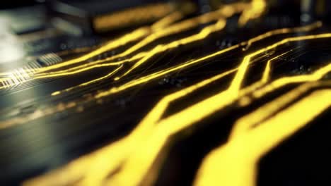 An Intricate Close-Up View of a Circuit Board Highlighting Vibrant Yellow Signal Paths on a Dark Surface, Showcasing the Complexity of Modern Technology