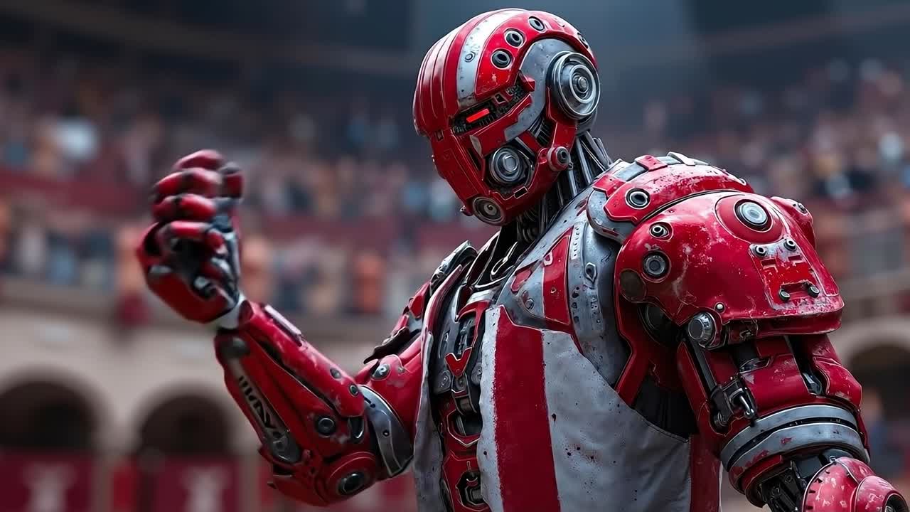 A red and white robot standing in front of a crowd of people