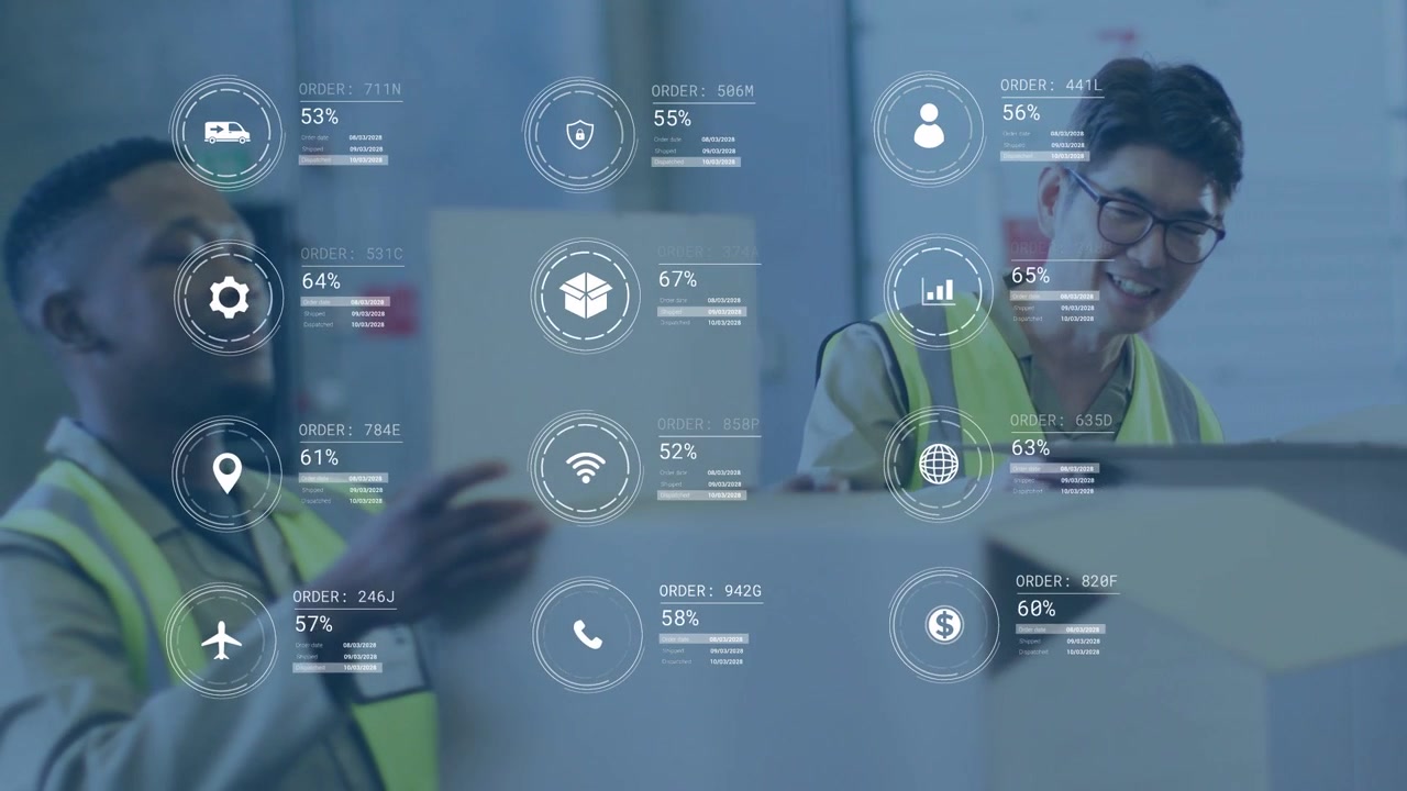 Logistics workers scanning tablet while aligning boxes for inventory, HUD icons rising percentages