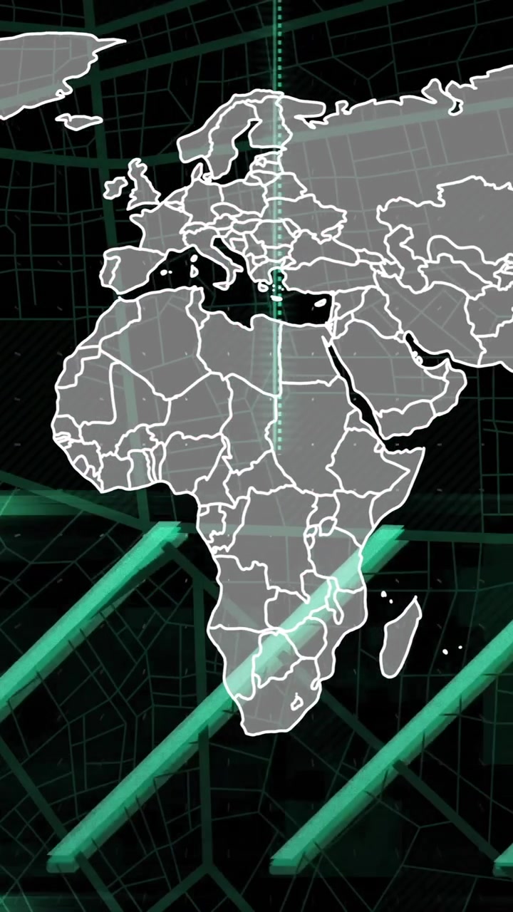 Animation of scientific data processing over world map on dark background