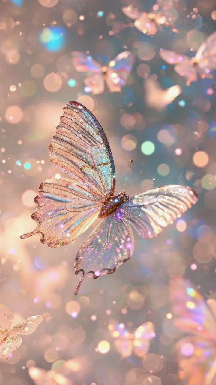 Un primo piano sognante di un video di una farfalla con ali iridescenti, circondata da luci bokeh