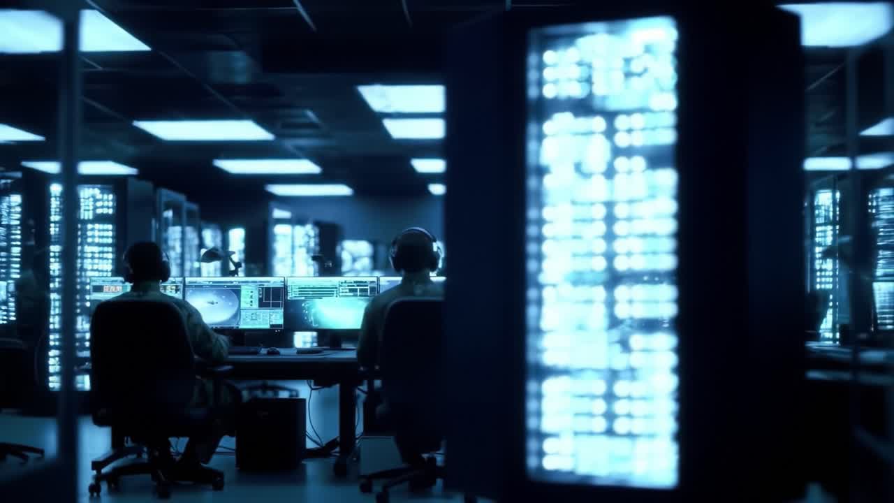 At a secure operations center, a military personnel focuses on multiple high-tech displays, analyzing real-time data and coordinating strategic initiatives in a sophisticated environment.