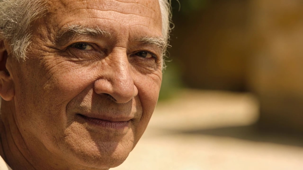 Anziano sorridente che mantiene il sorriso, con lo sguardo che si muove mentre la telecamera è in primo piano per un ritratto in un patio soleggiato.