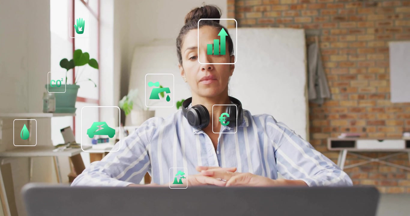 Woman entering office and loading energy dashboard, studying green water drop and CO? icons