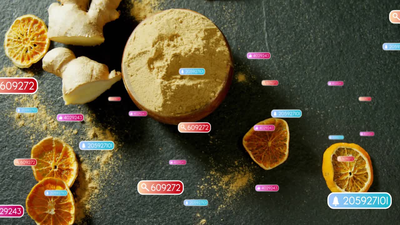 Zenzero che scivola in vista e etichette di dati che scorrono attorno a una ciotola con agrumi per visualizzare metriche.