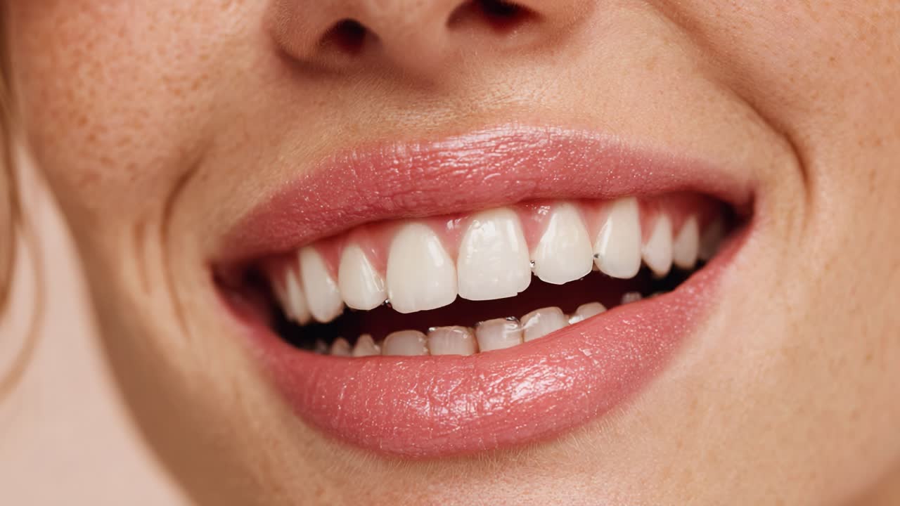 A close-up look at a bright, healthy smile showcasing perfect white teeth and a glossy pink lip, emphasizing dental hygiene and oral beauty