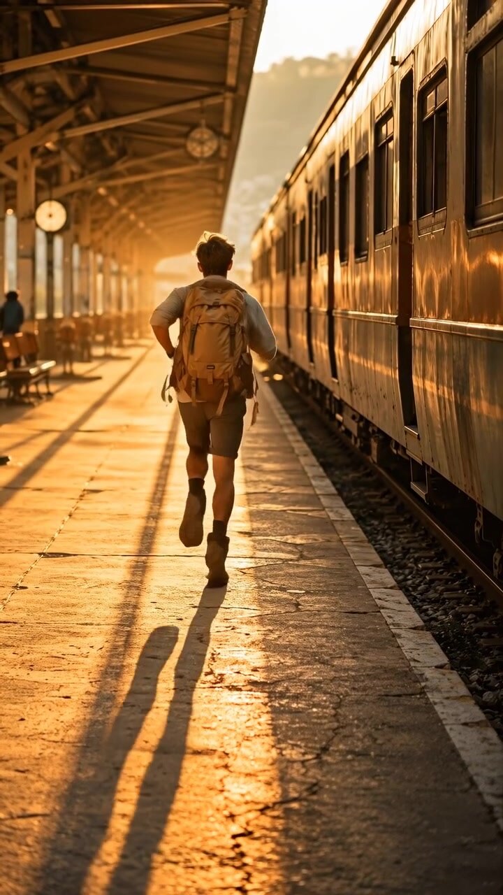 Rear view shows runner progressing deeper along platform next to train as golden light glows across pavement, while roof beams, benches, rail tracks, and elongated shadows converge in distance.