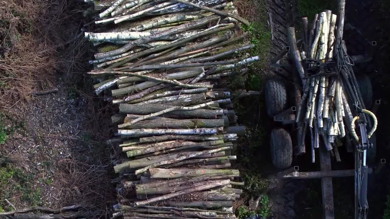 一架拖拉機從上向下從空中觀看,使用抓地將一堆木頭長度載入拖拉機上,有空間供文字載入