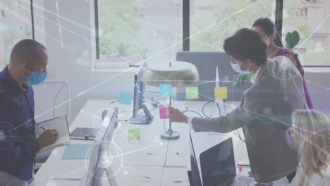 animation of network of connections over diverse business people wearing face masks at office