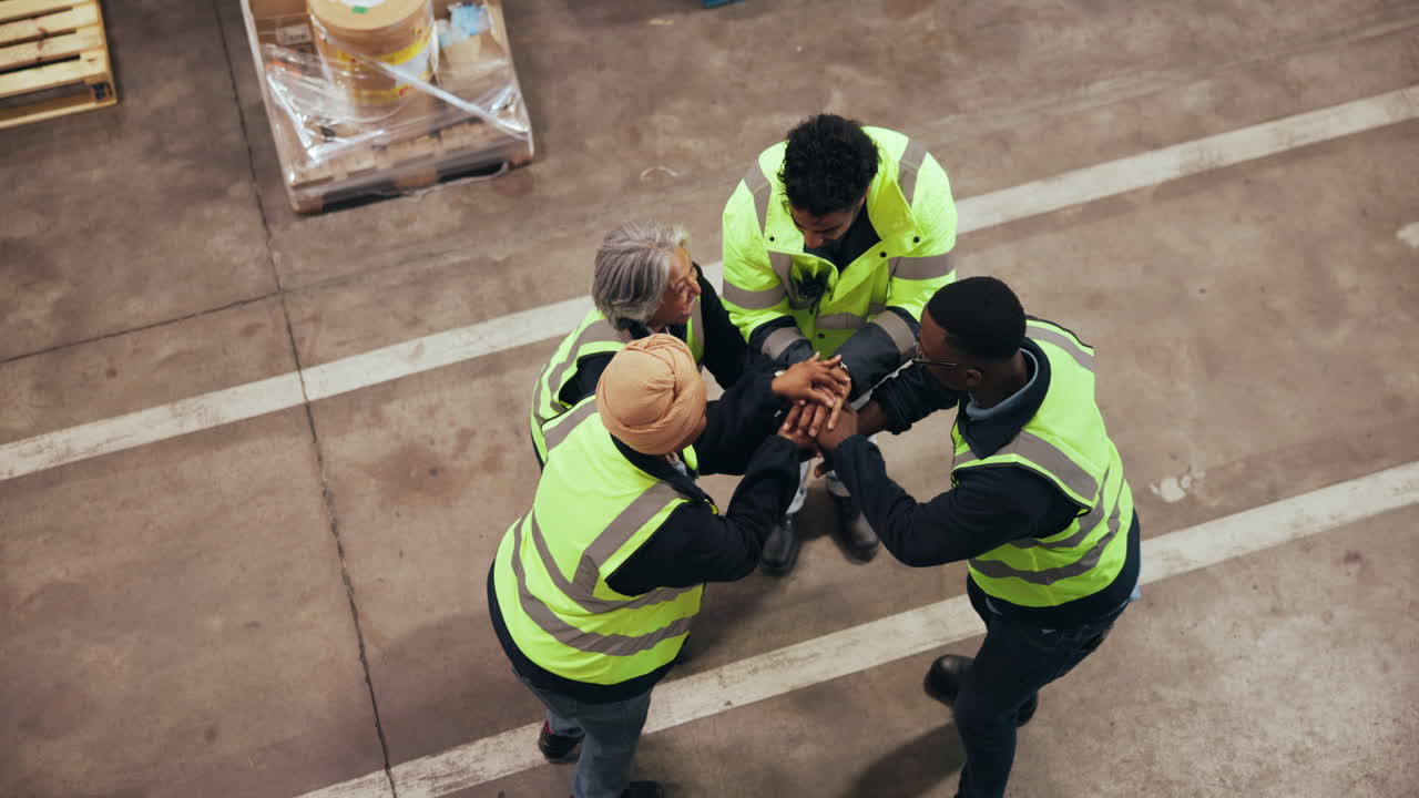 Diverse Warehouse Team Celebrating Success with a Group Huddle
