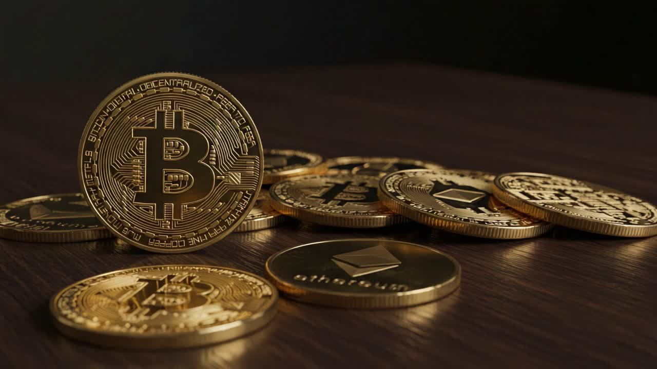 Close-up of Glimmering Bitcoin and Cryptocurrency Coins Arranged on a Rich Wooden Surface Capturing the Essence of Digital Wealth and Investment