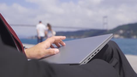 hands of thoughtful businessman against throat view. slow motion.