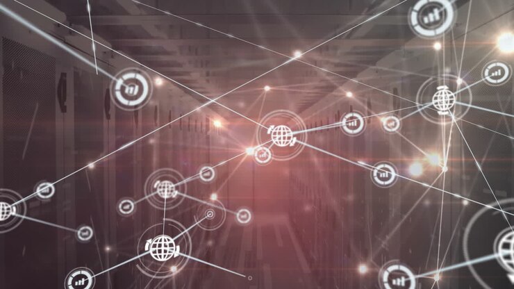 Animation of network of connections with icons over server room