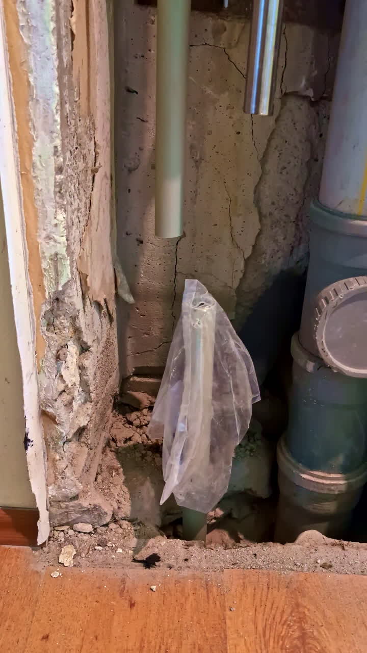 Exposed plumbing risers and wall damage during residential renovation process