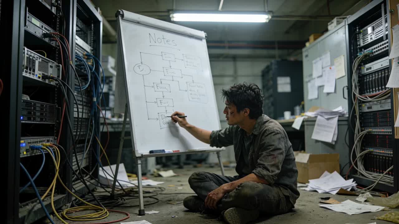 Noticing rack lights, IT technician sketching flowchart on whiteboard amid cables in worn clothes