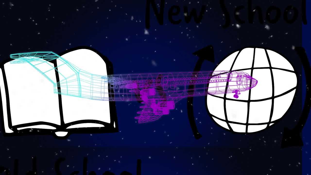 3d 비행기 모델이 파란색 배경에 회전하는 글로브와 책의 애니메이션