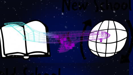 animation of globe and book with 3d airplane model spinning on blue background