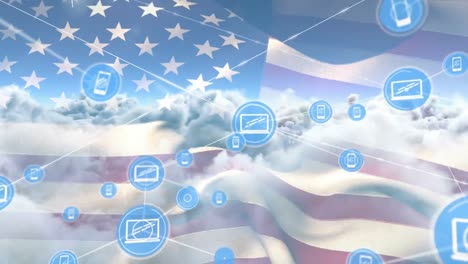 animation of network of digital icons over clouds and sun in the sky against waving american flag