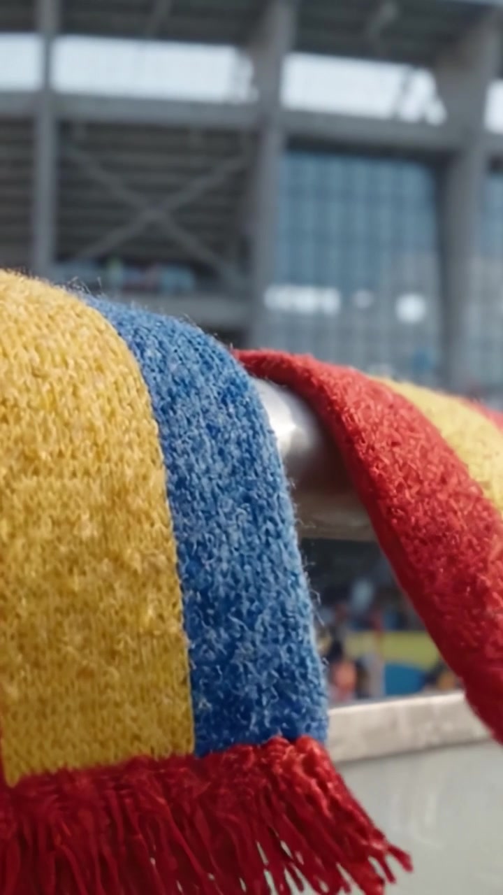 Una vivace esposizione di sciarpe colorate appese in uno stadio, che simboleggiano lo spirito di squadra e la passione per il gioco in un'atmosfera dinamica.