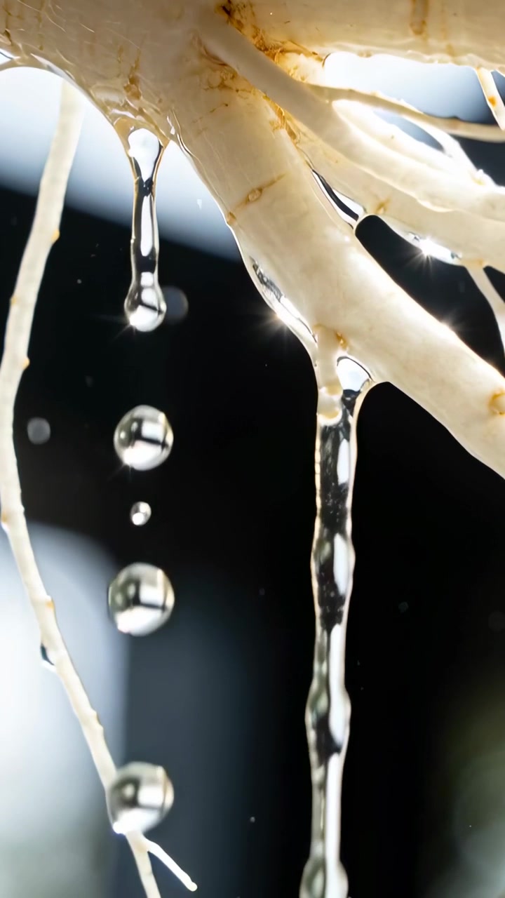 Video verticale: Radice pallida che gocciola, formando goccioline che si assottigliano e cadono per gravità in macro con effetto bokeh.