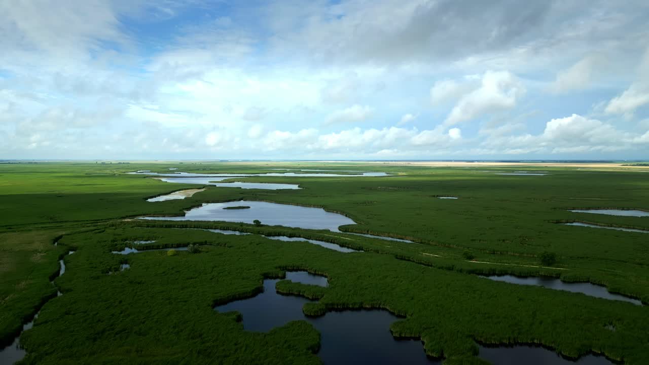 Timelapse aereo con drone sopra le zone umide estive sotto nuvole in movimento, Canada settentrionale