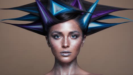 an artistic hair design featuring bold colors and unique geometric shapes, showcasing the fusion of fashion and creativity in a stunning portrait
