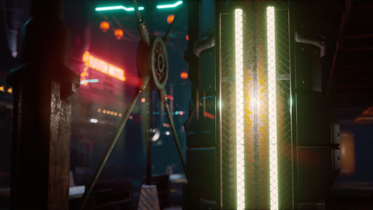 밤에 네온 빛이 빛나는 미래의 거리