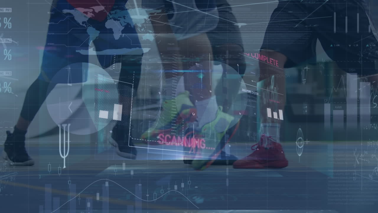 다양한 남성 농구 선수들의 다리를 스캔하고 그래프를 애니메이션화합니다.