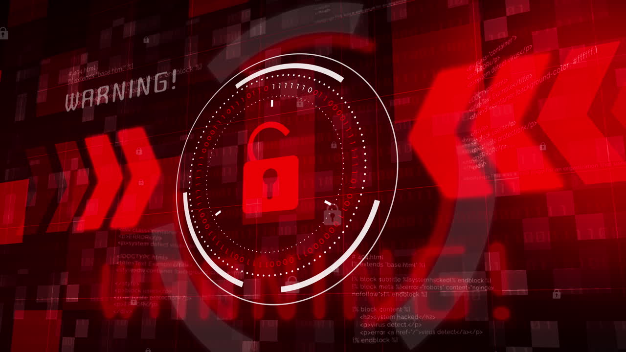 Red open padlock icon. Flashing warning message background with binary code and text. Digital data cyber security looped animation.
