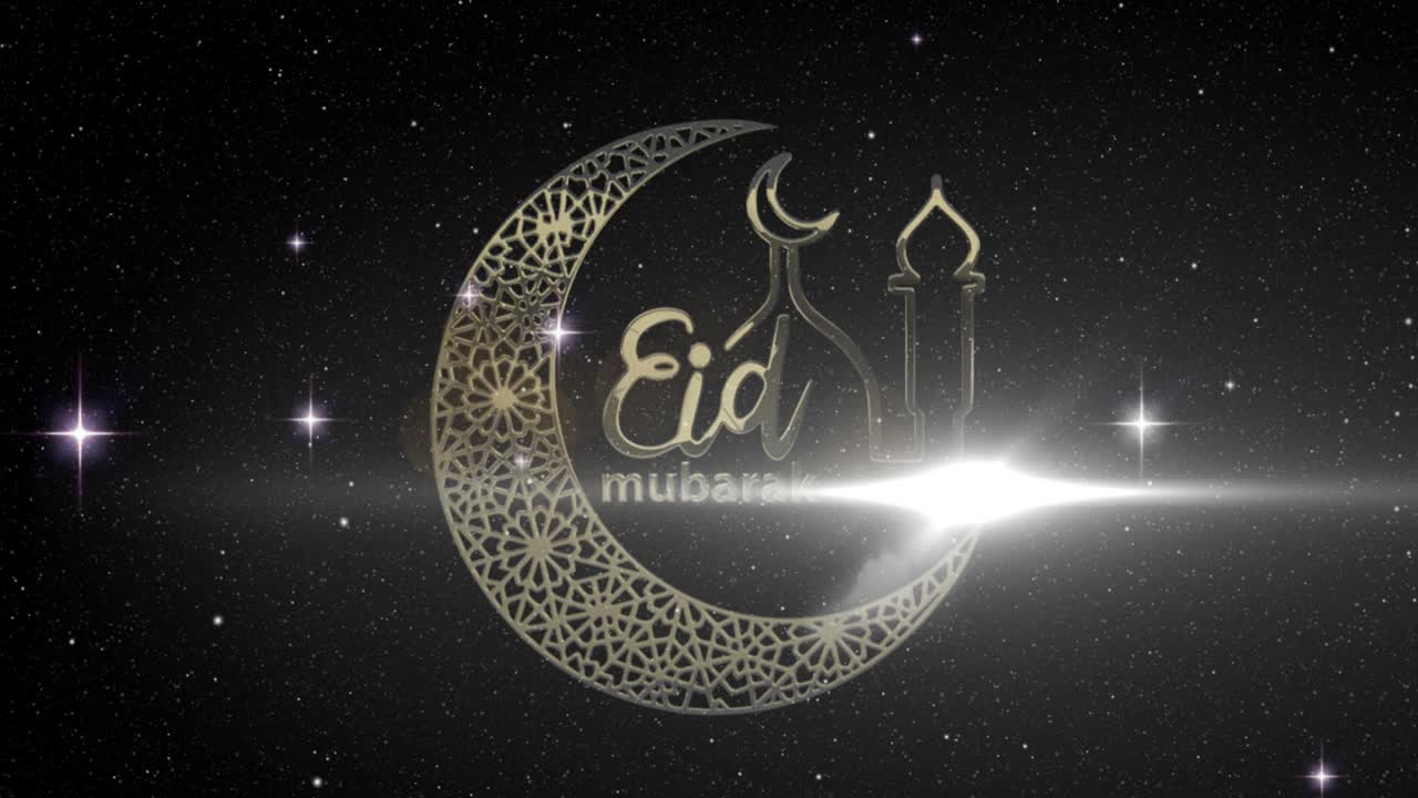 animación del texto de eid mubarak con luna creciente y mezquita con estrellas de fondo