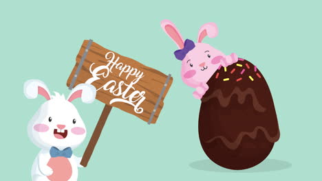 happy easter animated card with rabbits couple and egg painted