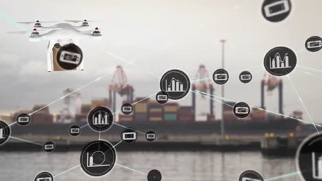 animation of network of digital icons against drone carrying a delivery box at a port