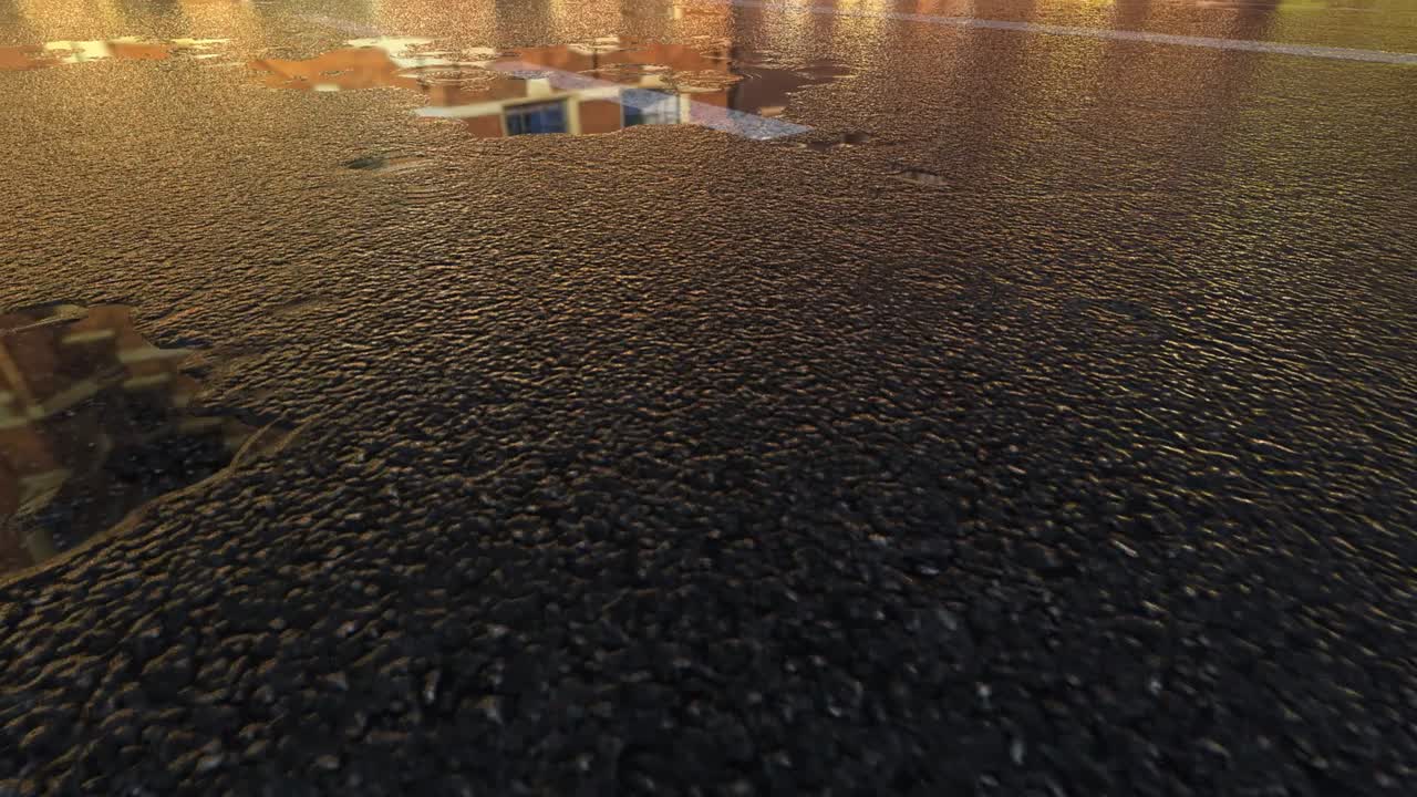 3D Heavy Rain Hitting Road At Night - 4K Realistic Rain Particle (Loopable) - Rainy Day on a colorful street with traffic - Wet Road At Night - Low angle shot of in the rain - Rainfall And Reflection On Road - Loopable Moving Image - Amsterdam Netherlands