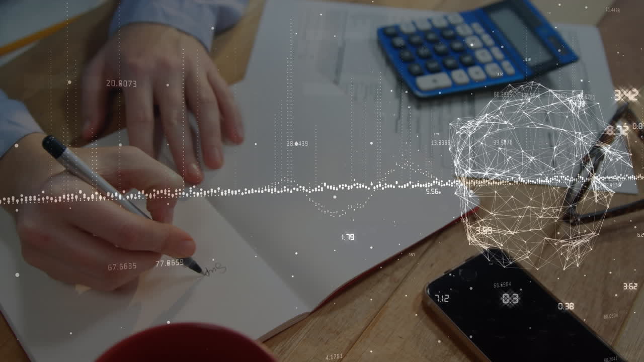 Animation of financial data processing over man writing