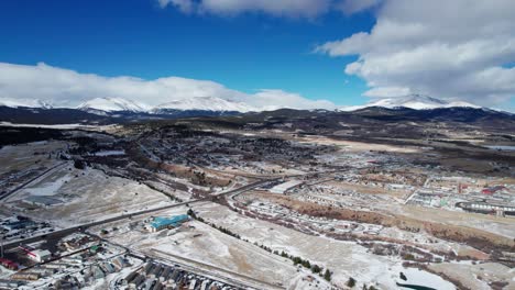 drone orbital shot of fairplay, colorado in the winter with bright sun