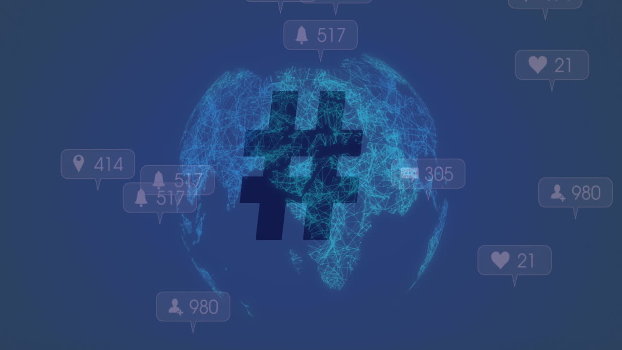 소셜 미디어 아이콘이 해시태그 상징과 파란색 배경에 회전하는 지구에 떨어지는 애니메이션