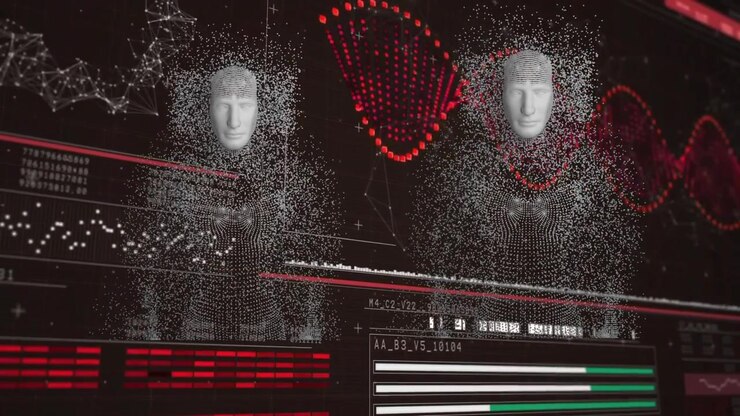 Animation of dna strand and data processing with human bodies formed with exploding particles