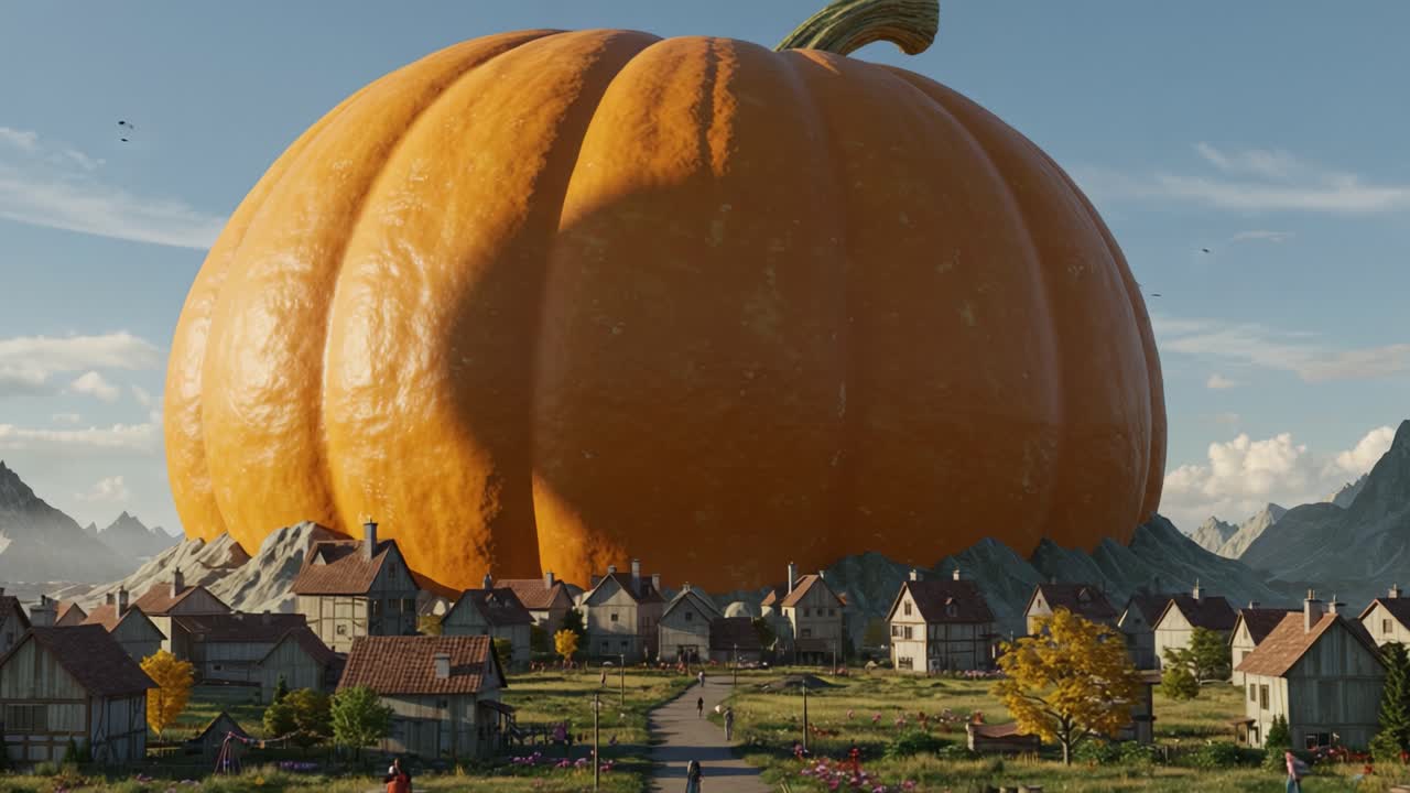 A Massive Pumpkin Stands Tall Over a Quaint Village, Creating a Striking Contrast Against the Scenic Mountains and Bright Sky in This Surreal Landscape