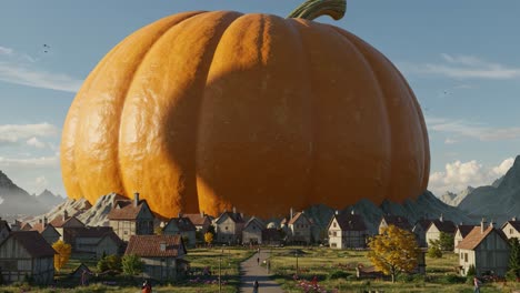 a massive pumpkin stands tall over a quaint village, creating a striking contrast against the scenic mountains and bright sky in this surreal landscape