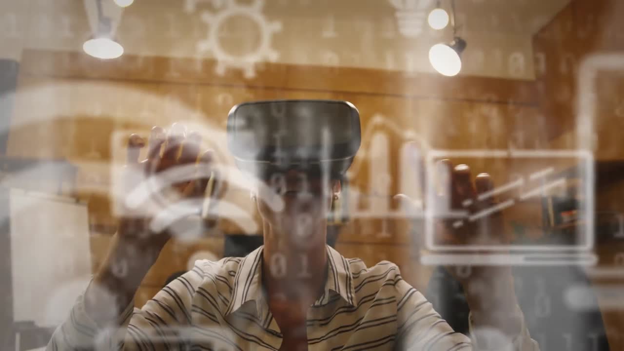 Multiple digital icons and binary coding against woman wearing a vr headset at office