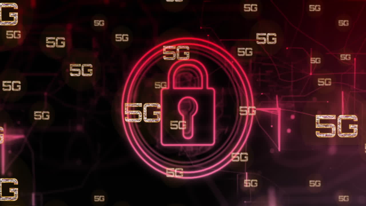 animación de múltiples pancartas de texto 5g y iconos de candados de seguridad y senderos de luz roja.