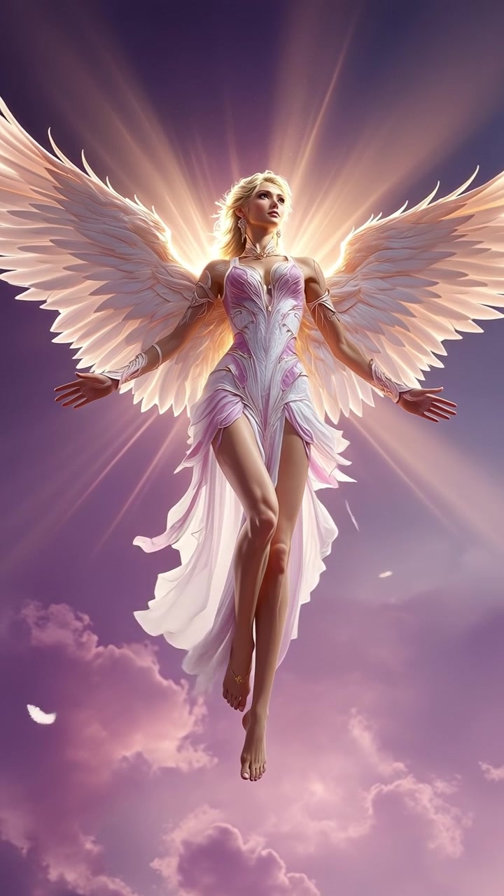 Angelic woman with large white wings floating majestically in a pink cloudy sky with bright sun rays