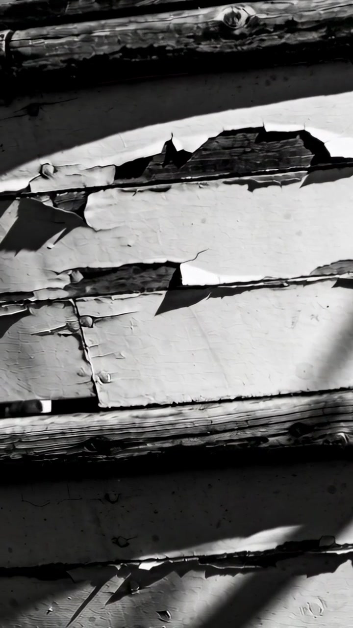 Video verticale: Telecamera che si muove verso il basso mostrando rivestimenti in legno sul portico evidenziando vernice scrostata, chiodi