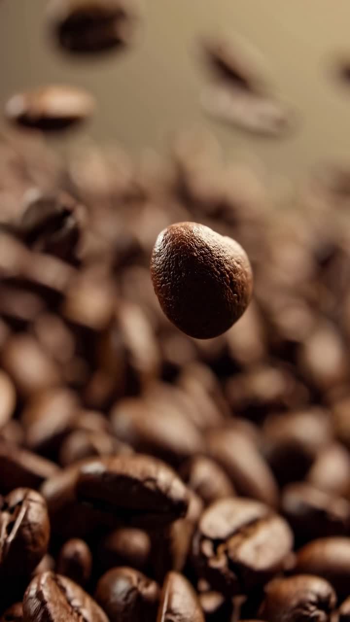 Close-up video shot of coffee beans mid-air, capturing motion and texture