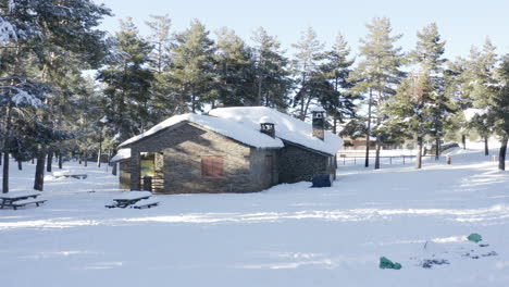 Abandoned-wooden-chalet-surrounded-by-deep-white-snow-and-pine-trees