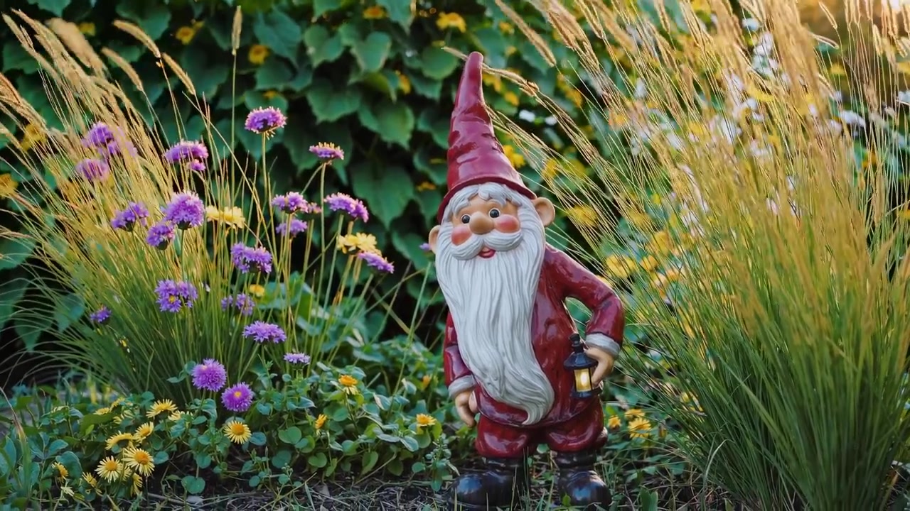 Statua di gnomo da giardino in piedi tra fiori ed erbe ornamentali