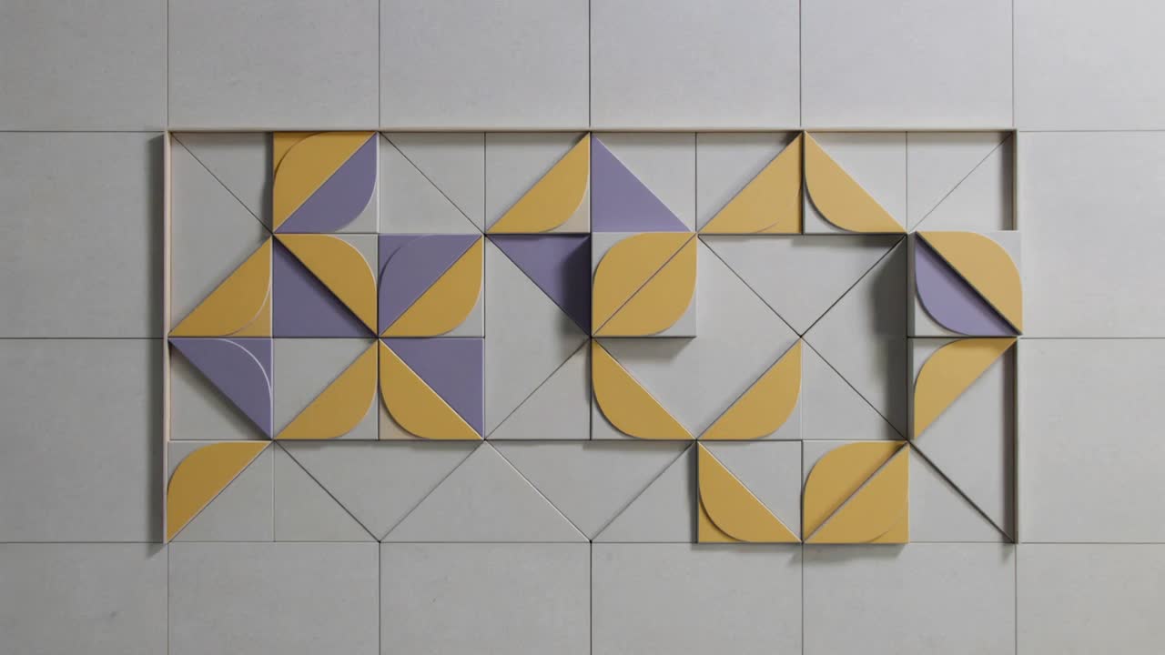 Rising upperleft tiles in recessed grid rotating sliding forming yellow purple motif on tiled wall