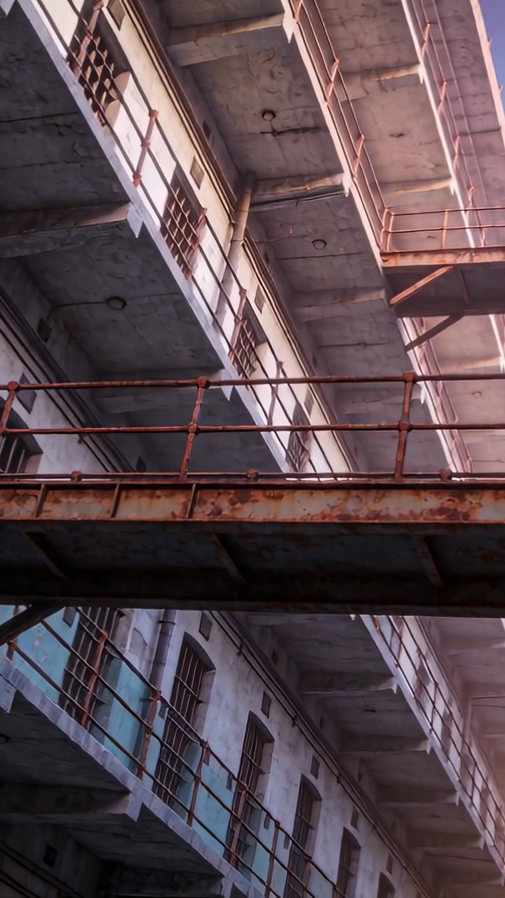 Vertical video: Tilting camera revealing stacked catwalks and rusted rails in aging industrial hall