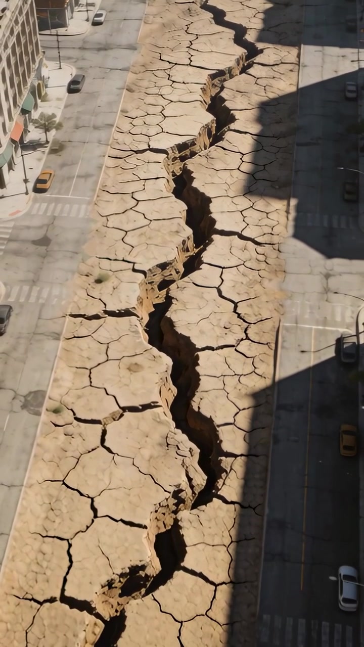 Video verticale: Drone in discesa che rivela una fessura con una strada crepata su una via cittadina, mostrando i danni.